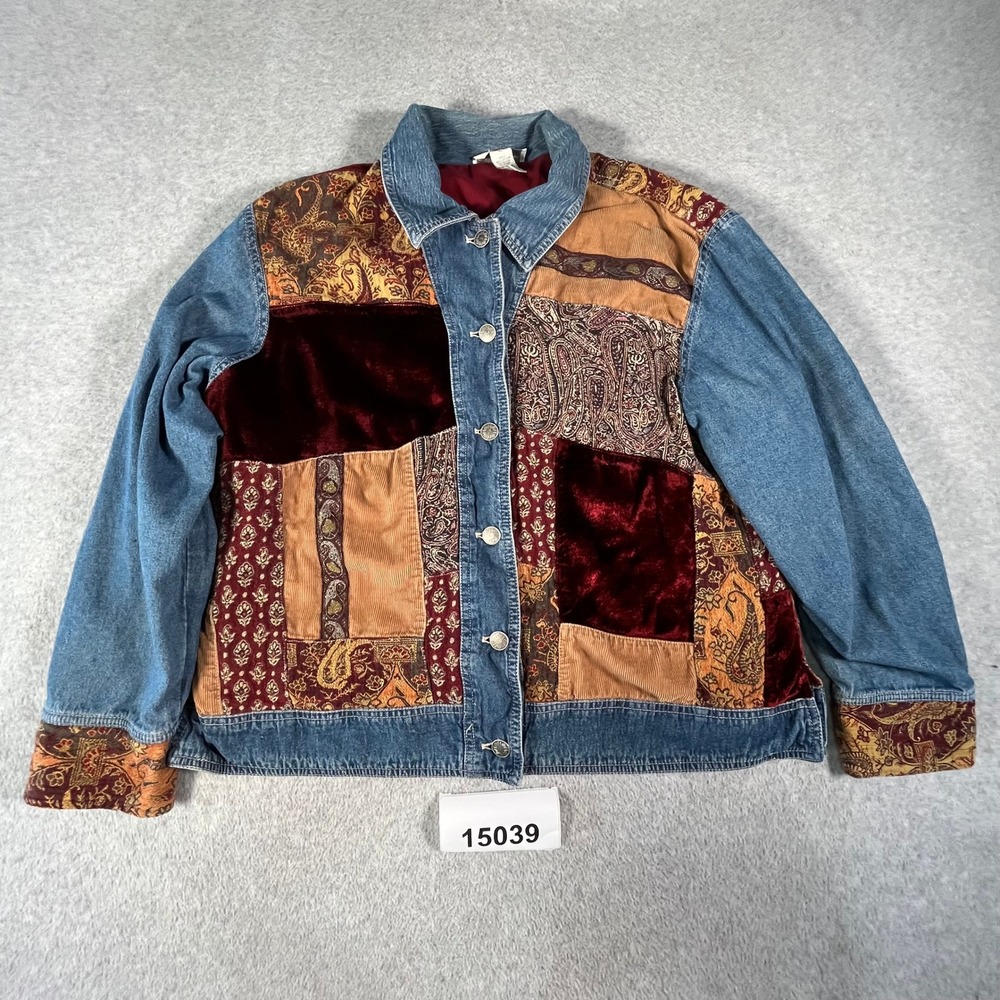 J. Jill Denim Jacket Women XL Blue Good Patchwork Velvet Paisley Corduroy Boho